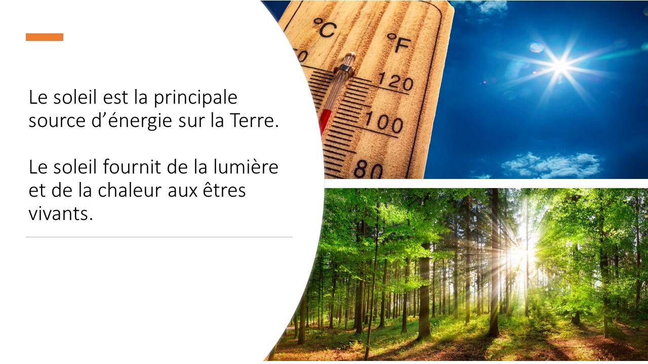 Photo montrant le soleil et un thermomètre indiquant la température extérieure. Photo montrant le soleil qui éclaire un boisé. 