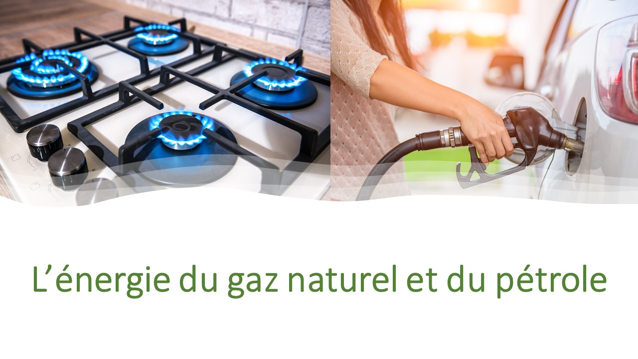 Photo montrant les brûleurs allumés d’une cuisinière au gaz. Photo montrant une personne qui met de l’essence dans une voiture. 