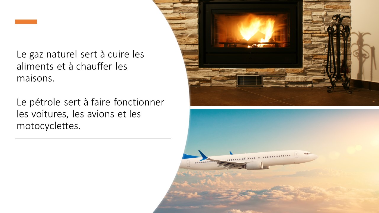 Photo montrant un foyer dans lequel il y a un feu. Photo montrant un avion qui vole dans le ciel. 