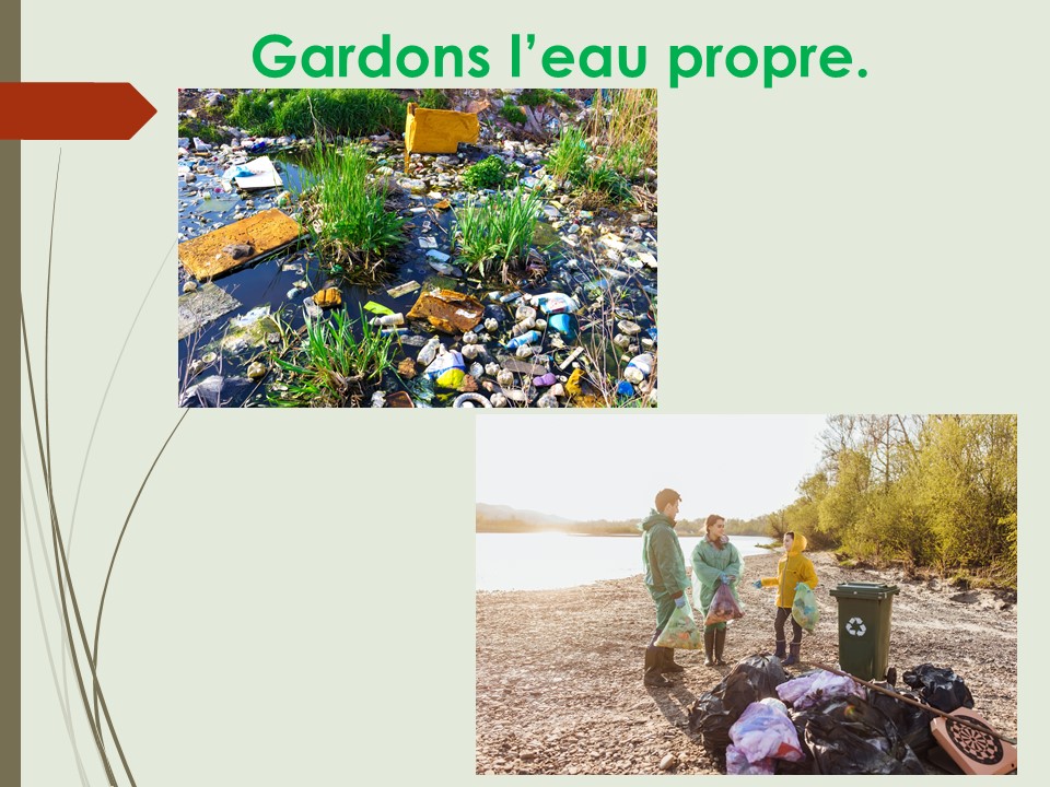 Des déchets qui flottent dans une étendue d’eau. Des personnes qui ramassent des déchets sur une plage. 