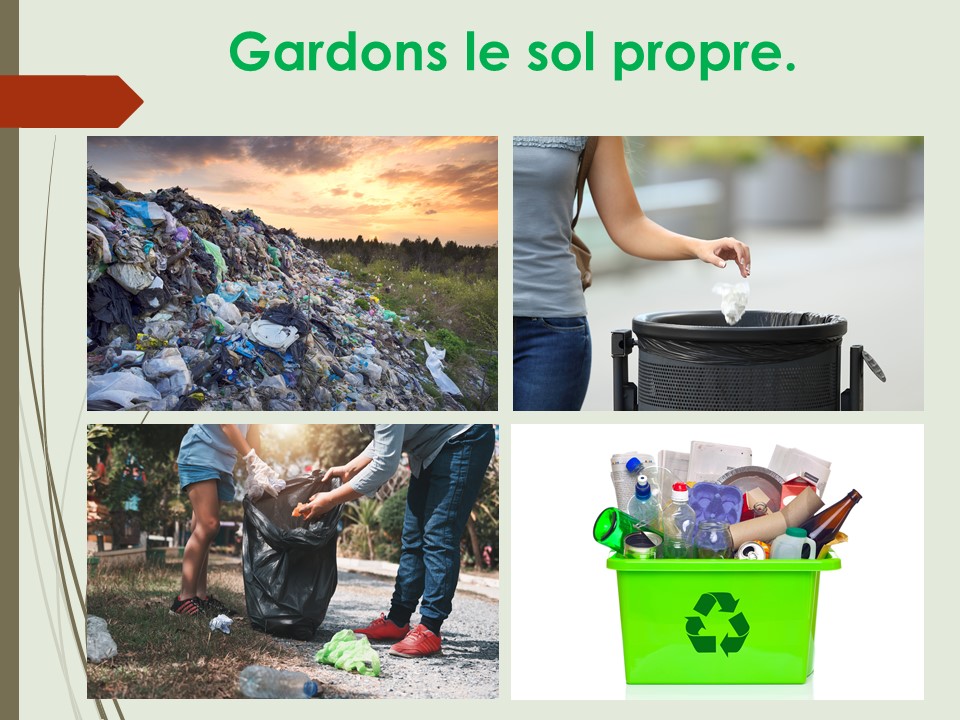 Un énorme tas de déchets. Une personne qui jette un déchet dans une poubelle. Des personnes qui ramassent des déchets près d’un chemin. Un bac de recyclage rempli de matériaux recyclables. 