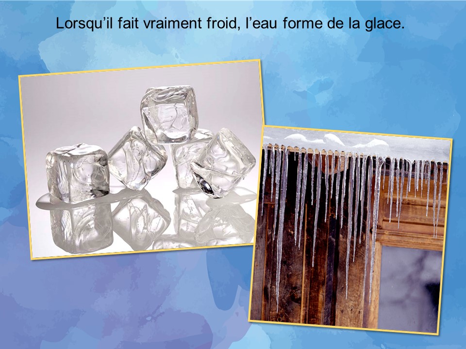 Des glaçons sur une table. Des glaçons sur le rebord du toit d’une maison. 