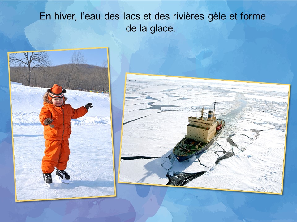 Un enfant patine sur un lac. Un brise-glace. 