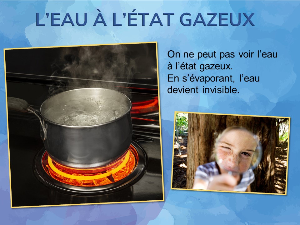 Un chaudron rempli d’eau qui bout. Un enfant qui regarde dans une loupe. 