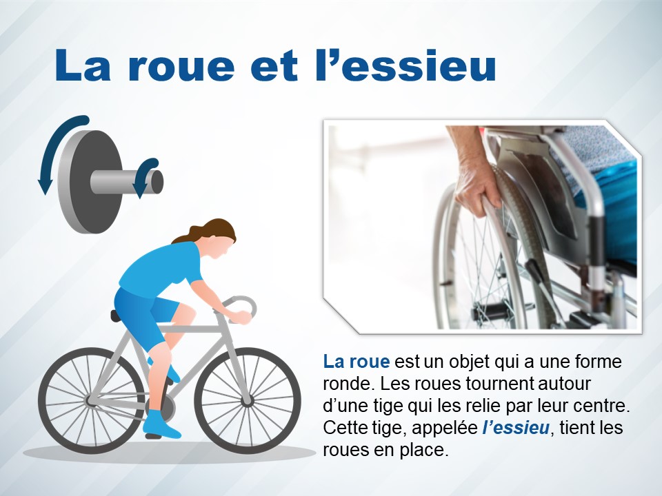 Gros plan sur une roue d’un fauteuil roulant. Un personnage fait du vélo. 