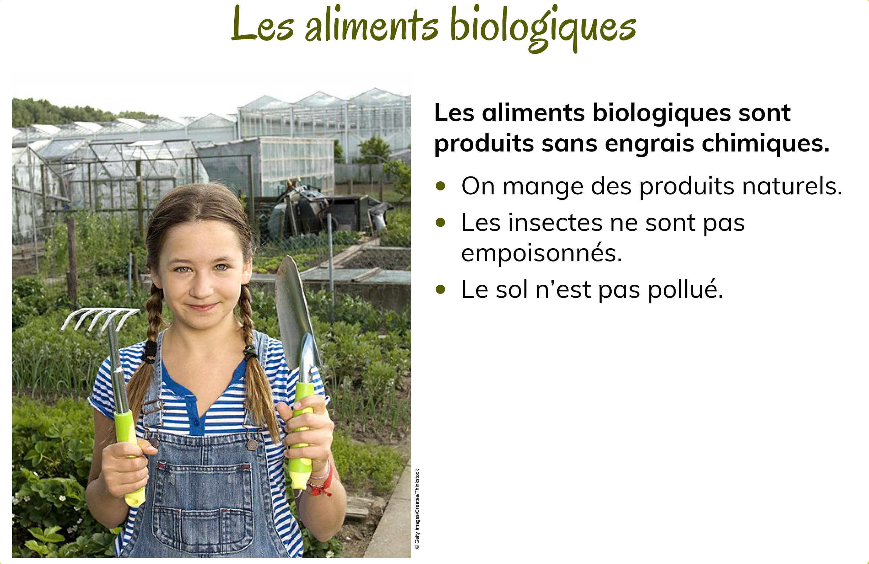 Une fillette tenant des outils de jardinage dans ses mains avec jardins et serres en arrière-plan. 